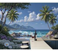 Papier Peint Motif Fleurs Naturelles Arbres Paysage De Plage Tropicale, Papier Peint Panoramique Tableaux Photo Muraux Ciel Bleu Utilisé Pour Chambre, Salon, Fond Tv Décoration Murale 400X280Cm