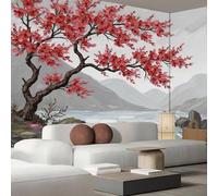 Papier Peint Motif Fleurs Prunier Peintes À La Main Montagnes Paysage Chinois, Papier Peint Panoramique Tableaux Photo Muraux Gris Utilisé Pour Chambre, Salon, Fond Tv Décoration Murale 300X210Cm