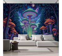Papier Peint Motif Forêt Champignons Sous Nocturne Paysage Psychédélique, Papier Peint Panoramique Tableaux Photo Muraux Turquoise Utilisé Pour Chambre, Salon, Fond Tv Décoration Murale 350X256Cm