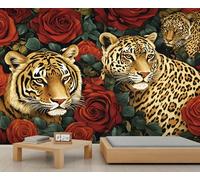 Papier peint motif guépard tigre exotique animaux safari africains grands chats roses romantiques animaux floraux papier peint pour salon chambre à coucher 100 x 70 cm