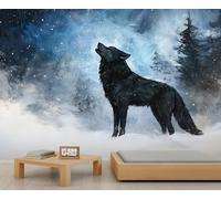 Papier peint motif loup - Papier peint autocollant pour salon, forêt d'hiver, chambre à coucher, grande décoration murale - Silhouettes d'animaux