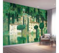 Papier Peint Motif Peint Cyprès Monastère, Vert 3D Panoramique Papier Peint, Mural Decoratif Pour Salon Chambre TV mur salon Murales, Moderne Décoration Murale 200 x 140 cm