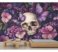 Papier peint motif tête de mort, fleur et tête de mort, papier peint sur le thème de l'horreur pour chambre d'enfant, salon, chambre à coucher, canapé, arrière-plan TV - 280 x 200 cm