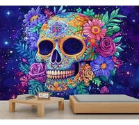 Papier peint motif tête de mort mexicain, fleurs pour chambre d'enfant, salon, chambre à coucher, canapé, arrière-plan TV - 150 x 100 cm
