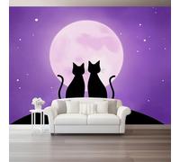 Papier Peint Mural 250 x 175 cm pour Salon Chambre Cuisine - Design Dessin animé chat noir lune ciel étoilé - Imprimé Haute Résolution, Résistant à l’Eau et Facile à Nettoyer, Noir violet