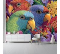Papier Peint Mural 250 x 175 cm pour Salon Chambre Cuisine - Design Éléments tropicaux oiseaux fleurs - Facile à Poser, Imprimé Haute Résolution, Résistant à l’Eau et Facile à Nettoyer, Coloré