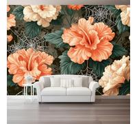 Papier Peint Mural 300 x 210 cm pour Salon Chambre Cuisine - Design Aquarelle hibiscus fleurs toile d'araignée - Imprimé Haute Résolution, Résistant à l’Eau et Facile à Nettoyer, Rouge orange