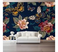 Papier Peint Mural 300 x 210 cm pour Salon Chambre Cuisine - Design Style rétro fleurs papillons - Facile à Poser, Imprimé Haute Résolution, Résistant à l’Eau et Facile à Nettoyer, Rouge vert