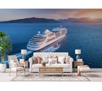 Papier Peint Mural 350 x 256 cm Navire De Croisière Océan Coucher De Soleil Montagne Impression 3D HD Effet Réaliste Tableau mural Lavable Non Tissé Décoration Murale pour Salon Chambre Bureau A-59