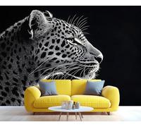 Papier peint mural 3D autocollant représentant un guépard noir et blanc de profil, idéal pour la chambre, la salle de bain et le salon. 250x175cm (Non autocollant)