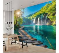 Papier Peint Mural 3D Cascade Pittoresque Avec Pont En Bois 400x280 cm Panoramique Poster Tapisserie Photo, Murale Décoration