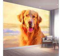 Papier peint Mural 3d, Coloré Tableau mural décoratif, Design Gros plan Animaux Golden Retriever Plage, Décoration murale pour salon chambre bureau 300 x 210 cm