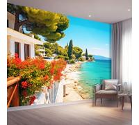 Papier peint Mural 3d, Coloré Tableau mural décoratif, Design Gros plan Plage Balcon Bâtiment, Décoration murale pour salon chambre bureau 350 x 256 cm