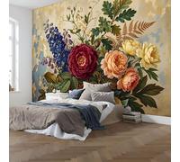 Papier Peint Mural 3D Design Hôtel Luxe, Non Adhésif Intissé Grande Décoration Murale pour Villa Restaurant,Bouquet de nature morte classique,Branches et feuilles de rose cramoisie,350x256cm