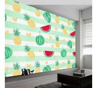 Papier Peint Mural 3D Été Fruits Cœur Papier Peint Dessin Animé Pastèque Ananas 250 X 175 Cm, Murales Vert Tapisserie Murales Intissé Panoramique Murale Pour Salon - Moderne Maison Décoration