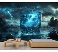 Papier peint mural 3D géant en verre - Motif tempête de terreur - Motif vagues - Papier peint 3D à l'échelle commerciale pour café, salon, galerie (non autocollant)