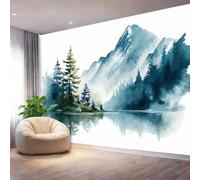 Papier Peint Mural 400 x 280 cm pour Salon Chambre Cuisine - Design Aquarelle paysages lacs nature - Facile à Poser, Imprimé Haute Résolution, Résistant à l’Eau et Facile à Nettoyer, Bleu