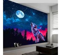 Papier Peint Mural Animal La Forêt Loup, Ciel Étoilé Rêve Papier Peint Photo Panoramique Intissé - Poster Geant Mural Personnalisé 350 x 256 cm pour Salon Cuisines Chambre Muraux Décor