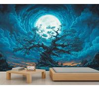 Papier peint mural arbre antique pleine lune ciel fantastique forêt papier peint scène de nuit bleue pour chambre à coucher, salon, canapé, arrière-plan TV, grande peinture murale, affiche 300 x 240
