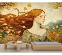 Papier Peint Mural avec Paysage D'Automne et de Montagne Motif Fille Rousse Idéal pour Un Bureau Un Salon Une Chambre à Coucher Un Canapé Ou Un Téléviseur 300 X 240 cm