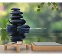 Papier peint mural avec pierres zen, paysage naturel, papier peint feuilles vertes pour salon, peintures murales zen, 390 x 260 cm (ne pas décoller et coller)