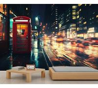 Papier peint mural cabine téléphonique, scène de rue de New York, papier peint de ville animée pour salon, chambre à coucher, arrière-plan TV, décoration de bureau - 280 x 200 cm