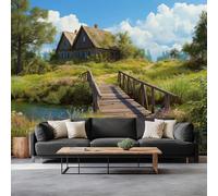 Papier Peint Mural Campagne Chalet Plante Ruisseau - Papier Peint Photo Intissé, Fresque Murale Tapisserie Photo Vert pour Salon Chambre Bureau Couloir Décoration Murale, 400 x 280 cm (L x H)