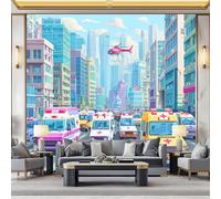 Papier Peint Mural Chambre Rue De La Ville De Dessin Animé Avec Des Voitures 400x280 cm Poster Mural 3D Tableaux Muraux Tapisserie Photo, Salon Chambre d'enfants Mur de Fond Papier Peint Panoramique