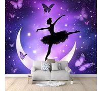 Papier Peint Mural Chambre Silhouette Ciel Étoilé Danseuse De Ballet Papillon 300 x 210 cm Poster Mural 3D Muraux Tapisserie Photo, Salon Chambre d'enfants Mur de Fond Papier Peint Panoramique