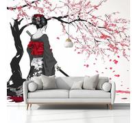 Papier Peint Mural Chambre Style Japonais Cerisiers En Fleurs Geisha 350 x 256 cm Poster Geant Mural 3D Tableaux Muraux Tapisserie Photo, Salon Chambre d'enfants Mur de Fond Papier Peint Panoramique