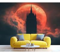 Papier peint mural château de lune de sang fantastique château sombre paysage de nuit brumeuse papier peint ne se décolle pas et ne colle pas pour chambre à coucher salon 300 x 210 cm