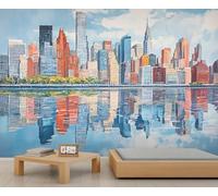 Papier peint mural City Reflections, papier peint 3D, paysage urbain pour chambre d'enfant, salon, chambre à coucher, canapé, arrière-plan TV - 250 x 175 cm