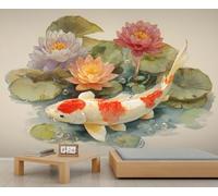 Papier peint mural coloré Koi Fish Watercolor Boys Water Lilies in Pond Papier peint Feuilles de lotus Papier peint pour chambre d'enfant, salon, canapé, arrière-plan TV, grande affiche murale 250 x