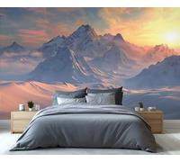 Papier peint mural Coucher de soleil sur les montagnes enneigées - Paysage alpin majestueux, sommets enneigés à l'heure dorée, décoration autocollante amovible pour salon et chambre. 300x230cm