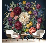 Papier Peint Mural Dark Green Chrysanthemum Leaves 200X140Cm,Papier Peint Panoramique 3D Hand-Painted Flowers Birds, Poster Photo Décoration Murale, Pour Salon Chambre Couloir Bureau Rénovation