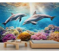 Papier peint mural dauphins récifs coralliens du monde sous-marin - Décoration murale de restaurant ou dîner à grande échelle - Photo panoramique (non autocollante)