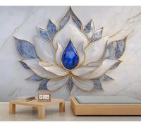 Papier peint mural de luxe motif lotus 100 x 70 cm - Motif floral créatif - Marbré blanc - Décoration murale pour chambre à coucher - Sans peler et coller