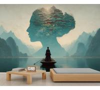 Papier peint mural de montagne chinoise brumeuse - Silhouette de profil féminin - Papier peint à l'encre - Paysage - Papier peint pour garçons - Papier peint pour chambre d'enfant, salon - 232 x 158