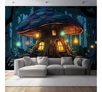 Papier Peint Mural de Motif De Cabane Dans Les Arbres Et De Champignons, Style De Dessin Animé Photo Panoramique Déco de La Maison - Pour Salon Chambre D'enfant Décoration Murale 300 x 210 cm, Noir