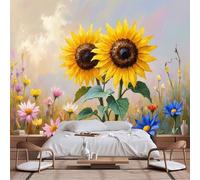 Papier peint mural de taille personnalisable, art impressionniste de prairie de fleurs sauvages ensoleillées, tournesols vibrants, scènes d'été paisibles, papier peint autocollant pour salon