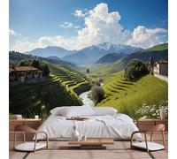 Papier peint mural de taille personnalisable, campagne européenne alpine - collines vertes, montagnes enneigées, église rivière, papier peint autocollant en tissu pour salon