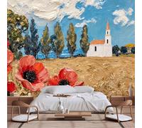 Papier peint mural de taille personnalisable, campagne pastorale européenne post-impressionnisme, coquelicots écarlates, champs de blé, cyprès, église blanche, papier peint autocollant pour salon