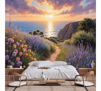 Papier peint mural de taille personnalisable, coucher de soleil côtier, falaises accidentées, mer profonde, fleurs sauvages colorées, chemin sinueux, lueur dorée, papier peint autocollant en tissu