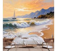 Papier peint mural de taille personnalisable, coucher de soleil côtier, paysage marin, plage de sable, voile, yacht, promontoire, horizon, ciel, papier peint autocollant en tissu pour salon