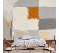 Papier peint mural de taille personnalisable, géométrique abstrait moderne - Tons de terre gris discret, blocs carrés ocres texturés, papier peint autocollant en tissu pour salon