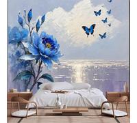 Papier peint mural de taille personnalisable, paysage côtier Impasto, papillons floraux bleus, paysage marin, papier peint autocollant en tissu pour salon
