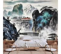 Papier peint mural de taille personnalisable, paysage de montagne brumeuse d'Asie orientale, cascade, pin, bâtiments de toit rouge, papier peint autocollant en tissu pour salon