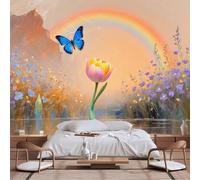 Papier peint mural de taille personnalisable, paysage de terres humides oniriques en fleurs tulipes bleues Morpho papillon fleurs sauvages crépuscule arc-en-ciel autocollant en tissu pour salon