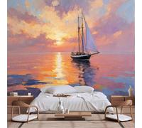 Papier peint mural de taille personnalisable, paysage marin impressionniste - Voilier coucher de soleil avec reflet de l'eau du ciel orange et rose, papier peint autocollant en tissu pour salon