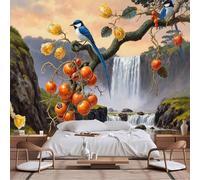 Papier peint mural de taille personnalisable, paysage naturel surréaliste et luxuriant, oiseaux pie, double cascade, coucher de soleil, papier peint autocollant en tissu pour salon